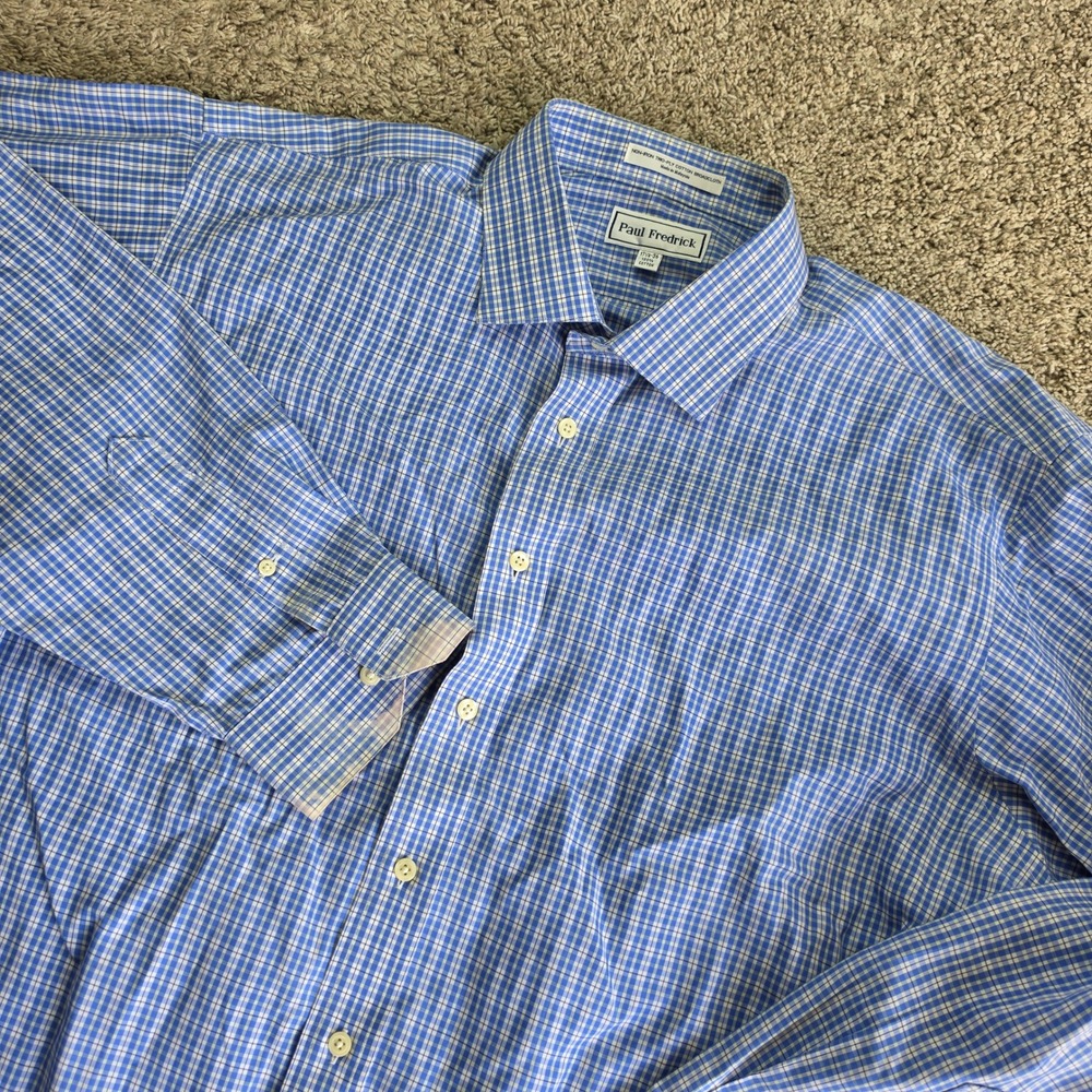 Paul Fredrick Shirt Men 17.5-36 Blue Check Non-Iron Cotton Broadcloth Business